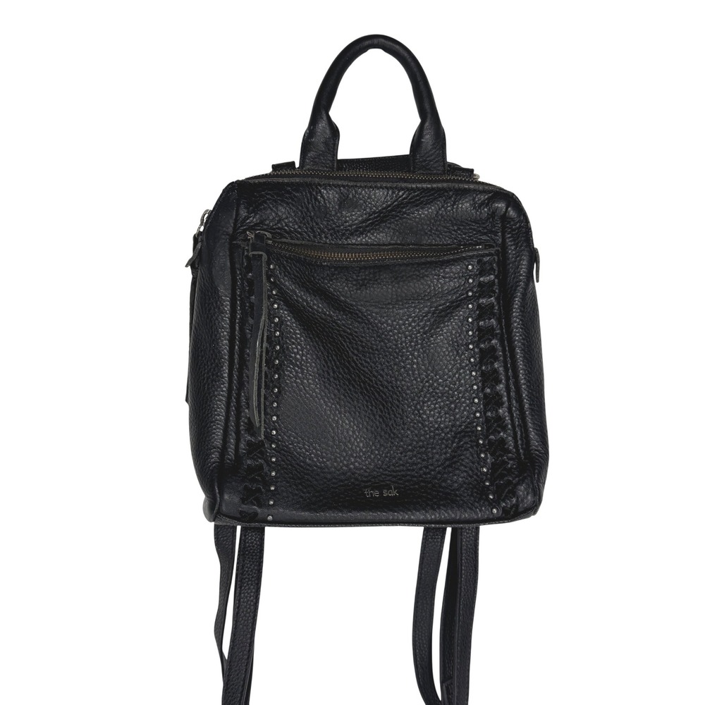 The Sak Loyola Black Leather Whipstitch Studded Convertible Mini Backpack Bag